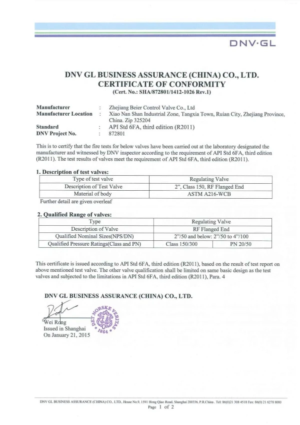 dnv api 6fa certified control valves