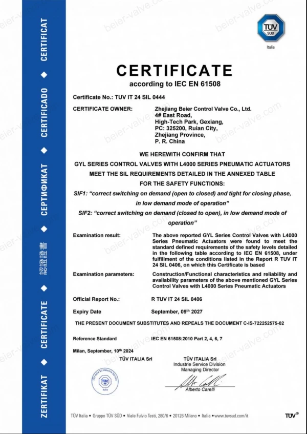 tÜv sil3 certification control valves iec en61508